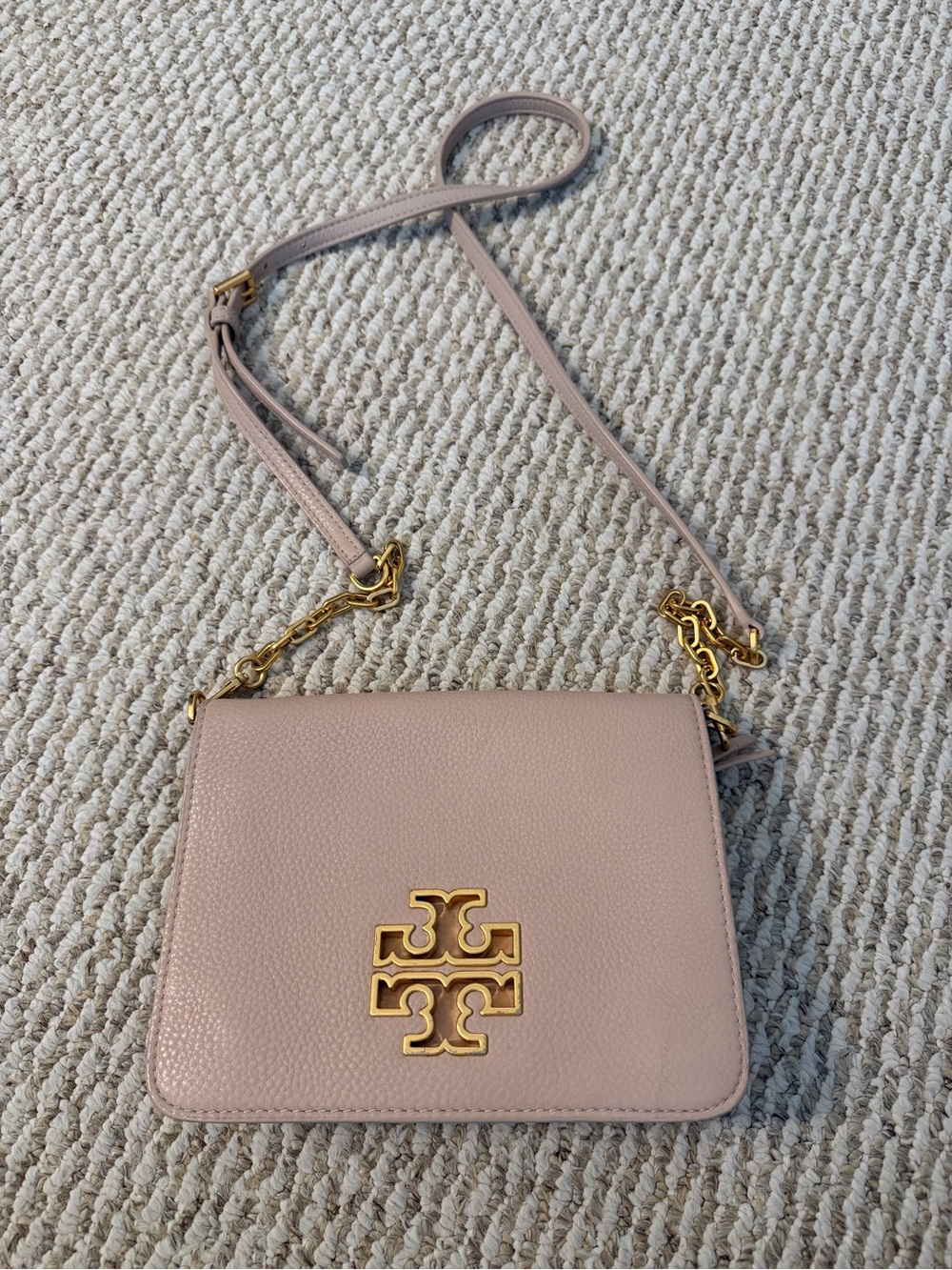 Tory Burch Blush Pink Pebbled Leather Crossbody Bag with Gold Logo